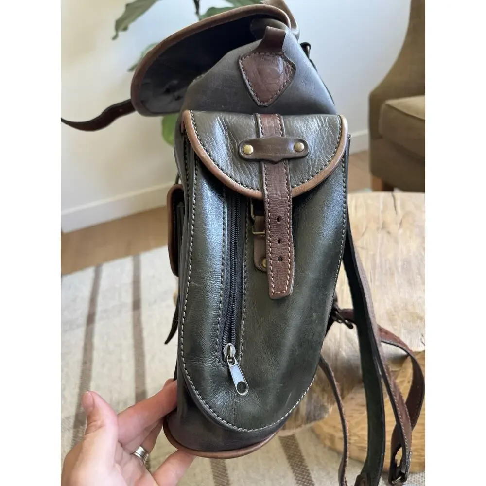 Vintage Leather Handmade Backpack Cinch Top Brown Green Gray